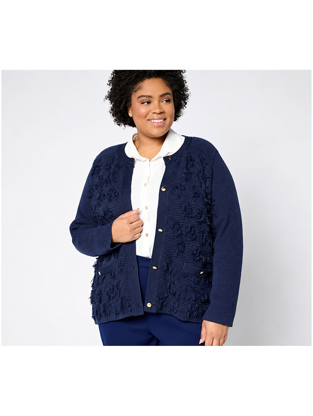 Susan Graver Textured Fringe Knit Button Front Cardigan Sweater Navy, X-Large